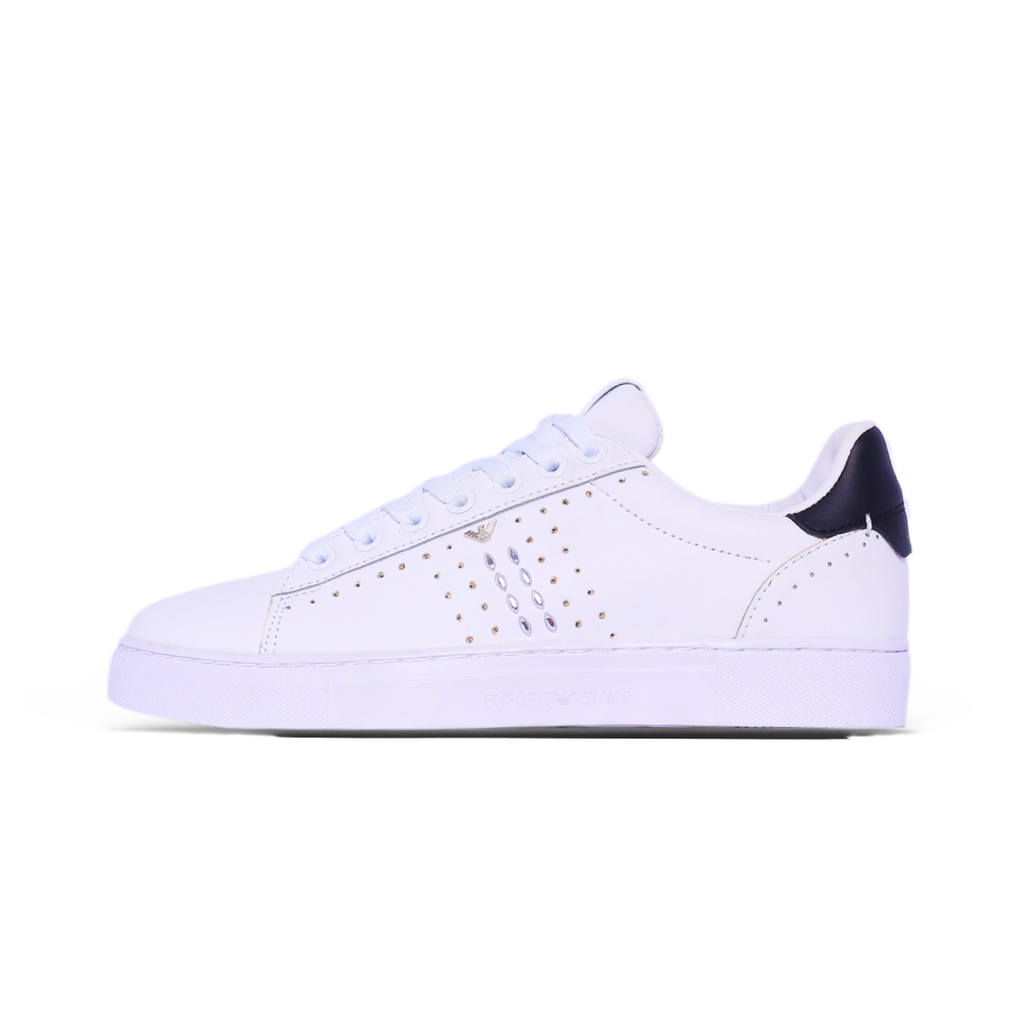 Minimal Perforated Court Sneaker – White & Navy Heel