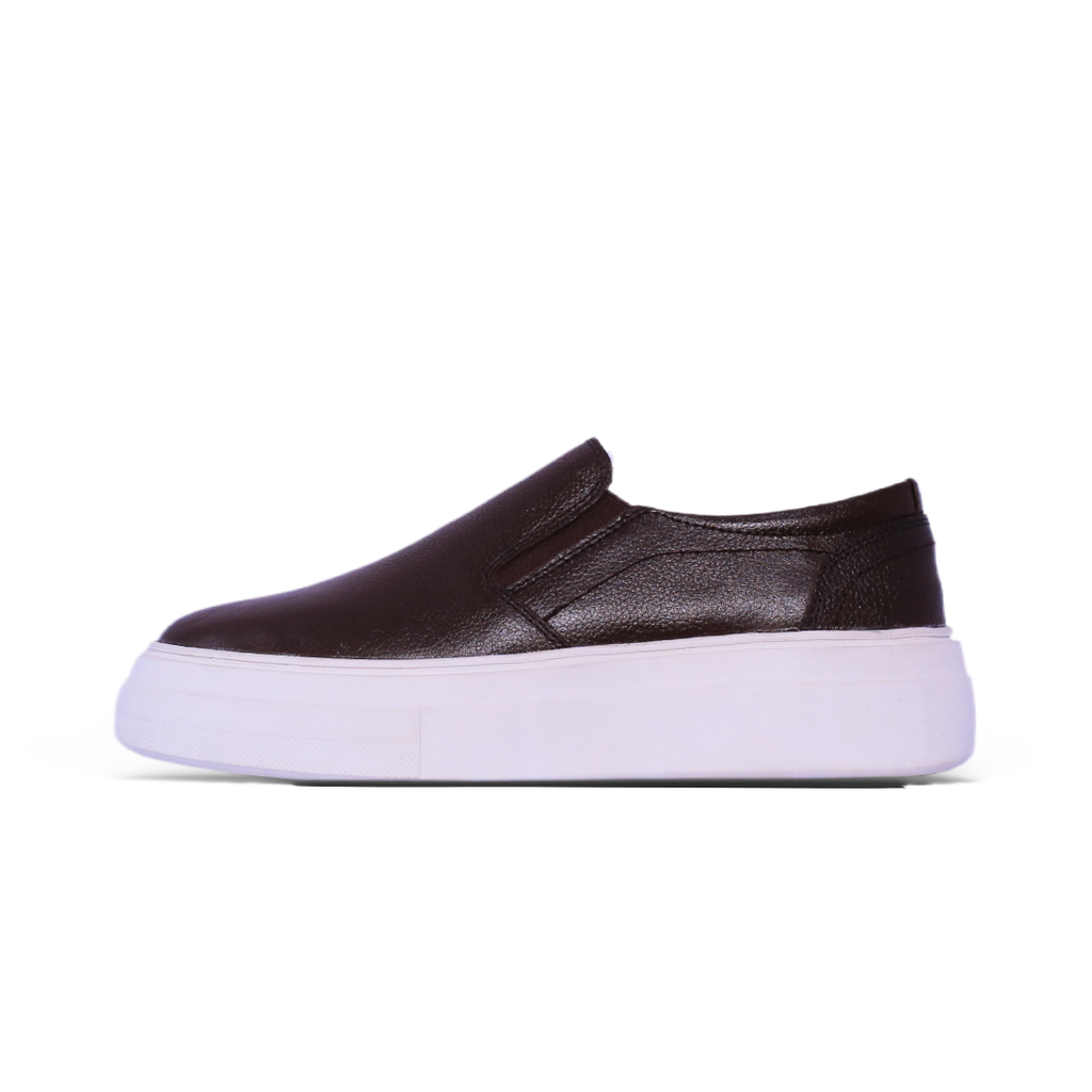 Slip-On Platform Sneaker – Dark Brown Leather & White Sole