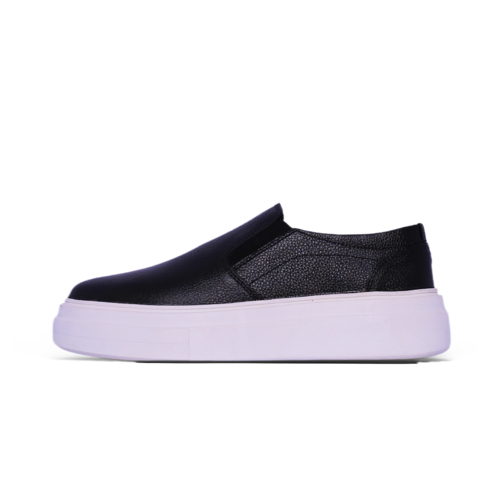 Slip-On Platform Sneaker – Black Leather & White Sole