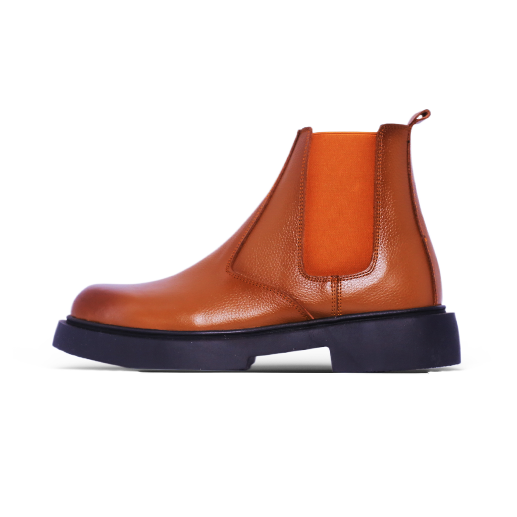 Chunky Chelsea Boot – Tan Leather & Orange Panel