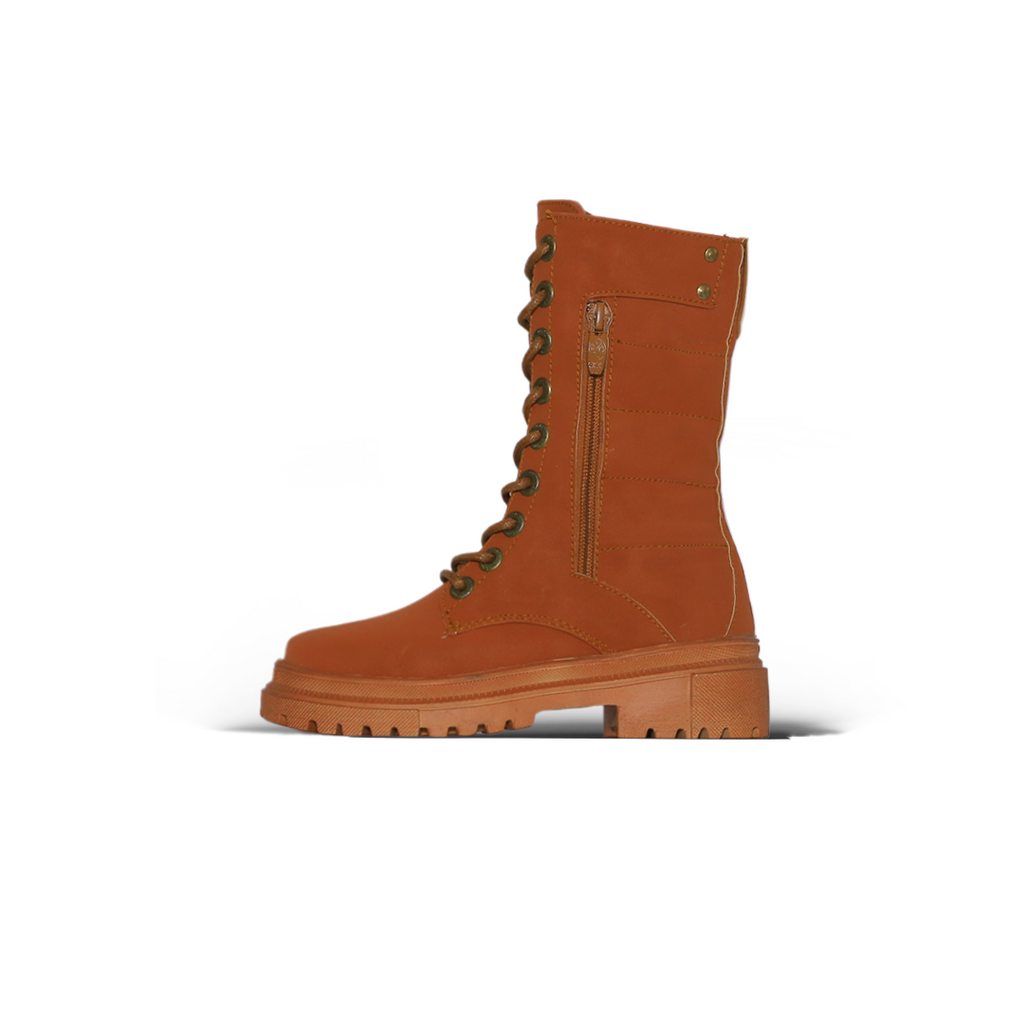 Lace-Up Combat Boots – Camel Brown with Side Zipper