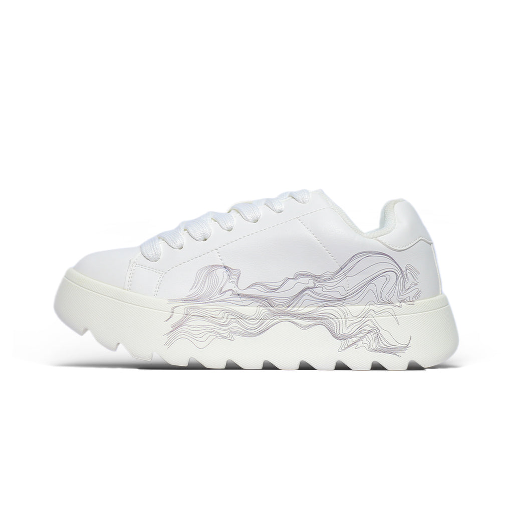 Zara White Wave Platform Sneakers – Minimal Design with Artistic Side Pattern