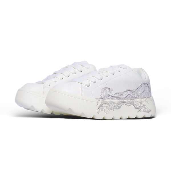 Zara White Wave Platform Sneakers – Minimal Design with Artistic Side Pattern